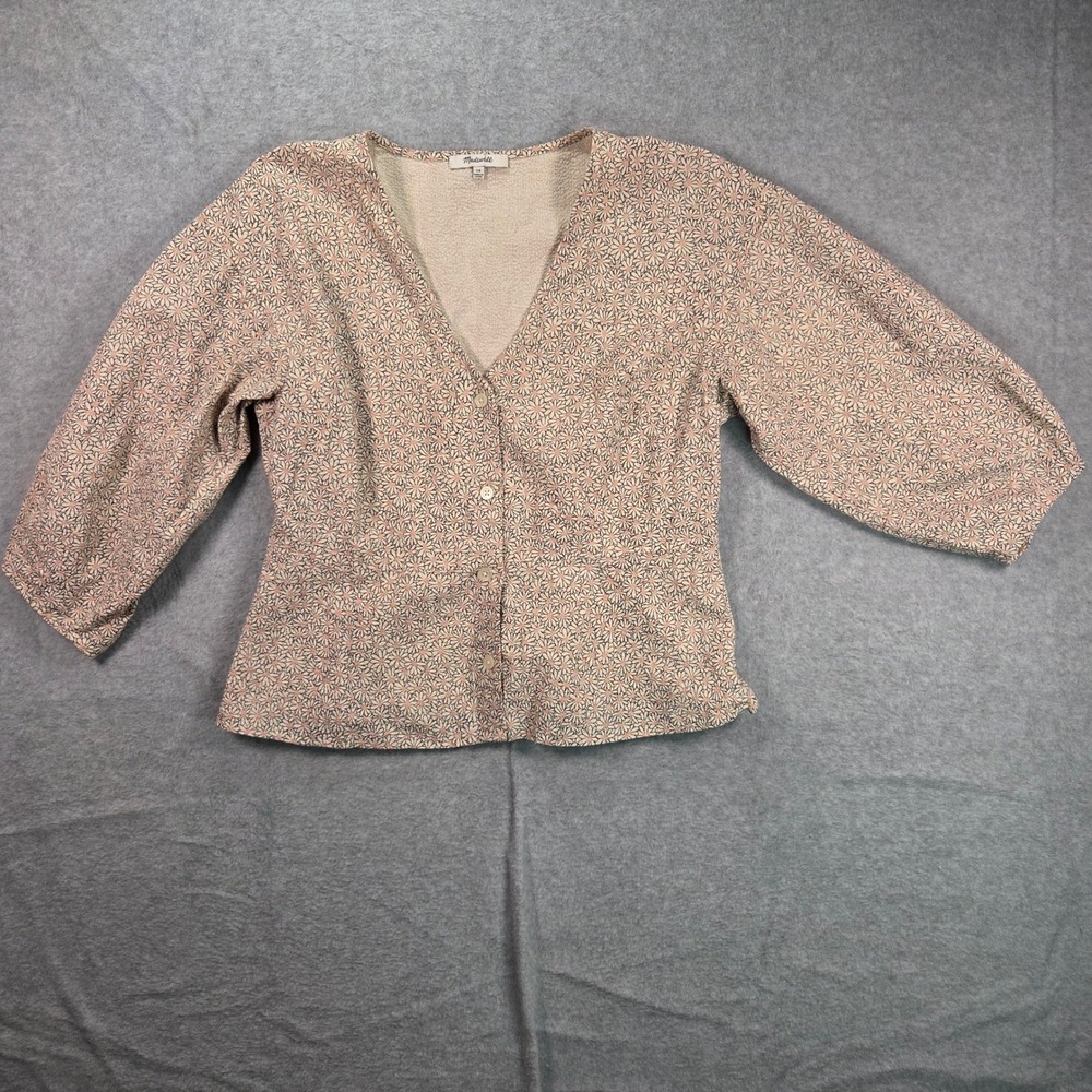 Madewell Button Front Top Women 10 Pink Floral Sleeve V-Neck Seersucker